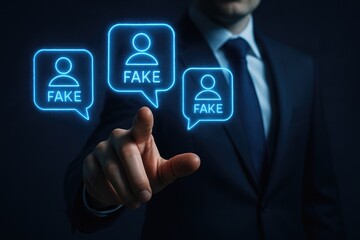 Businessman pointing at glowing fake user icons in speech bubbles suit finger