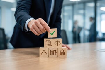 Businessman stacking wooden blocks with legal and security icons in office compliance