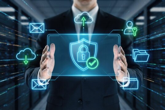 Businessman in Suit Holding Digital Screen with Security Shield Padlock and Network Icons in Server Room - Powered by Adobe