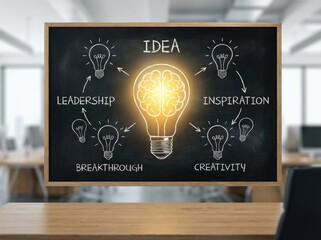 Chalkboard with a central glowing lightbulb brain surrounded by idea-related words and lightbulbs leadership