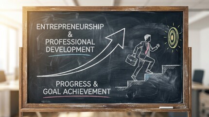 Chalkboard illustration of a businessman climbing stairs towards a target representing goal achievement