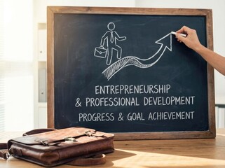 Chalkboard with entrepreneurship and progress drawing, a briefcase and a hand holding chalk businessman