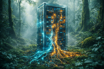 Digital Sanctuary: A server within a serene forest embodies the convergence of technology and nature, highlighting the harmony of digital and natural worlds. 