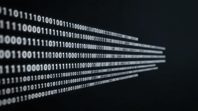 Glowing white binary code (0s and 1s) on a black screen, fading into distance