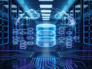 Data center with glowing central database, CPU chip, and data flow diagram showing API gateway, secure transfer, cloud storage, and data analytics