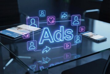 Digital ads concept with social media icons and neon glow on a glass table advertising marketing