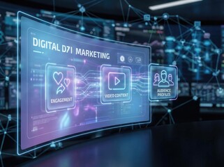 Digital Marketing Engagement Video Content and Audience Profiles Futuristic Interface social media