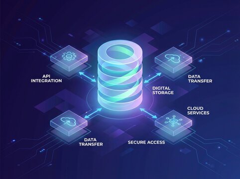Digital data storage and integration network with glowing server and icons technology - Powered by Adobe