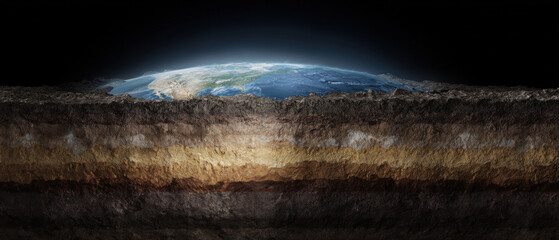 Earth cross section geology layers oil strata energy concept horizon dramatic