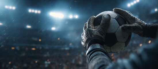 The goalkeeper is holding a soccer ball in his hands. And he's saving the team from the goal.