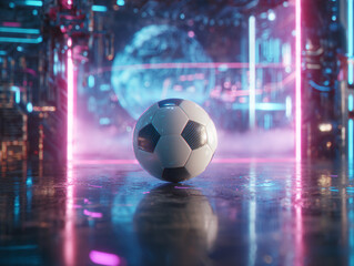 Futuristic Soccer Ball in Neon Purple Digital Virtual Reality Environment