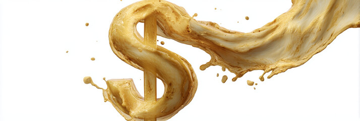 Golden splash dollar currency symbol liquid art white background financial concept