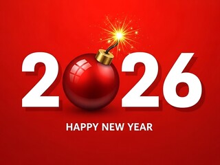 2026 Happy New Year Concept with Red Bomb and Sparking Fuse