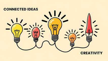 Creative business concept of connected light bulbs in various shapes and colors representing collaborative ideas innovation network digital transformation and startup growth