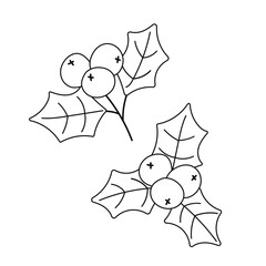 Christmas Holly Leaves and Berries Line Art Outline for Coloring Pages and Holiday Crafts