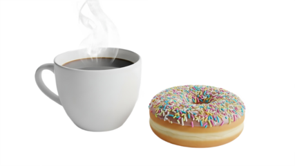 Steaming White Coffee Cup Next to Colorful Sprinkle Donut on White.png

