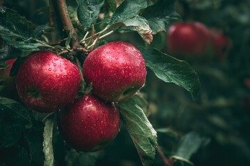 Close-up of ripe red apples on a tree branch, wet with droplets, leafy background
