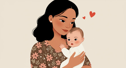 Mother holding baby with hearts