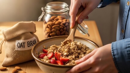 Person preparing healthy oatmeal with strawberries and nuts  for National Fiber Food Focus Month