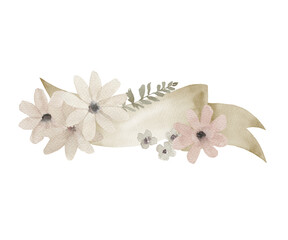 Watercolor wedding vintage banner with flowers. Hand drawn floral  illustration on white background.