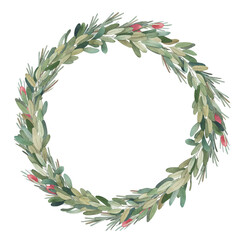 Christmas wreath. Watercolor frame with  eucalyptus  branches on white background. Hand drawn illustration