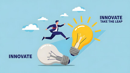 Businessman in suit running and jumping over glowing light bulbs towards a giant lamp representing corporate innovation leadership career leap and business success strategy
