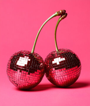 Two cherries made of disco balls on pink background	