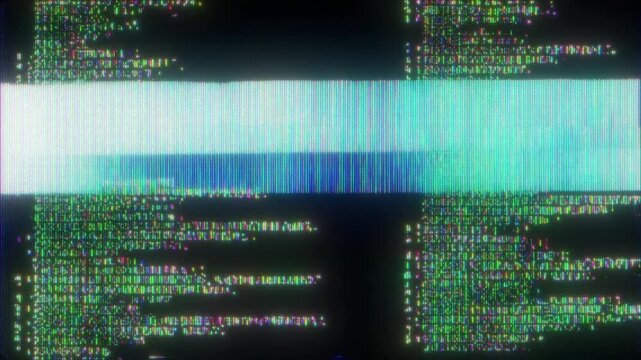 4K Green Digital Hacking Code Glitch Transition with Scrolling Text Data Signal Errors Pixel Distortion and Noise as Interface Overlay Layer for UI HUD Systems Motion Graphics Compositing Stack Module