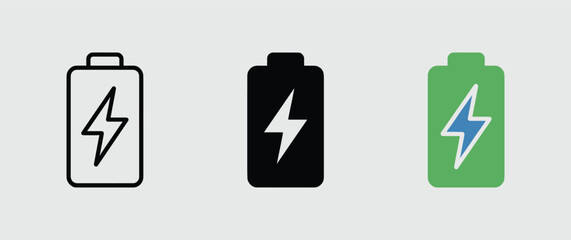Battery Icons with Lightning Bolt in Various Colors and Styles for UI Design
