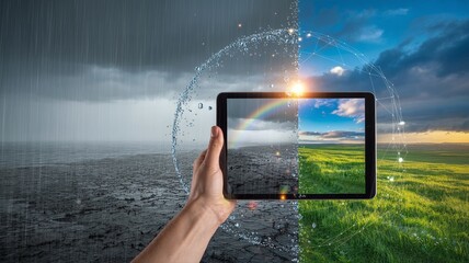 Augmented Reality Tablet projecting Vibrant Green Field and Rainbow over Stormy Sky representing Digital Transformation, Climate Visualization, and Future Innovation