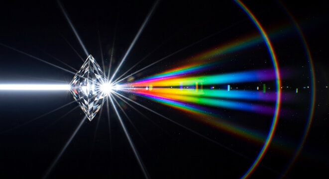 White light passing through a diamond creating a rainbow prism effect.
A beam of white light hits a diamond and splits into a vivid rainbow spectrum against a solid black background