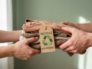 Volunteer hand giving recycled clothing donation charity support eco friendly environment sustainability community service social help welfare concept background textile sharing reuse