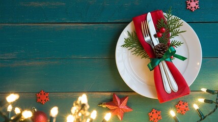 Christmas, Table, Setting, Festive, Holiday, Dining, Decoration, Red, Napkin, Pine, Cone, Green, Wooden, Background, Winter, Celebration, Dinner, Party, Ornament, Season, Star, Light, Elegant, Traditi