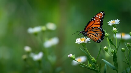 Obraz premium Monarch butterfly perching on a white flower with green bokeh background high resolution image