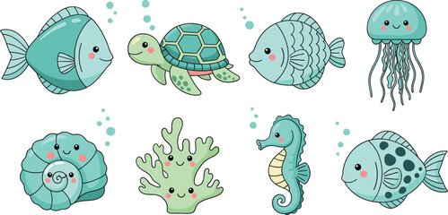 Adorable kawaii ocean creatures collection featuring fish turtle seahorse and coral flat vector © Sumon Creative