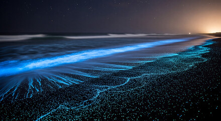 Bioluminescent blue waves crashing on a dark beach at night.
A long exposure shot of glowing neon blue waves hitting a dark, sandy shore under a starry night sky