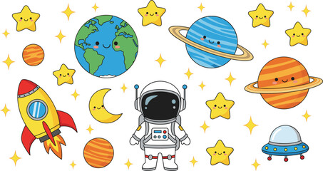 Adorable kawaii space characters collection featuring astronaut planets rocket and stars flat vector © Sumon Creative
