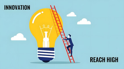 Business professional climbing a ladder to a giant glowing light bulb representing creative innovation reach high goals startup success growth and digital transformation strategy