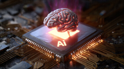 AI Processor Circuit Board with Glowing Artificial Intelligence Symbol