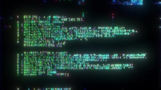 4K Green Digital Coding Text Glitch Animation with Broken Code Rows Signal Errors Pixel Distortion and Data Noise as Looping Interface Overlay Layer for UI HUD Systems Motion Graphics Text