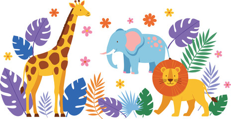 Adorable safari animal characters set with giraffe elephant and lion flat cartoon vector illustration © Sumon Creative