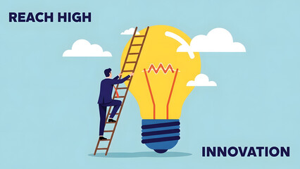 Business professional climbing a ladder toward a giant glowing light bulb in the sky representing creative innovation reaching high goals startup success and growth strategy