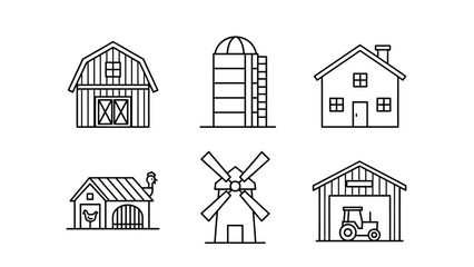Fototapeta premium Collection of Simple Farm Buildings Including Barn, Silo, Windmill and House.