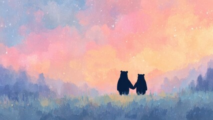 夕暮れの草原に立つ二匹のクマ 水彩イラスト