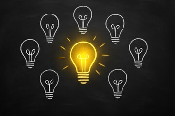 Glowing light bulb surrounded by unlit bulbs on a dark textured background idea innovation
