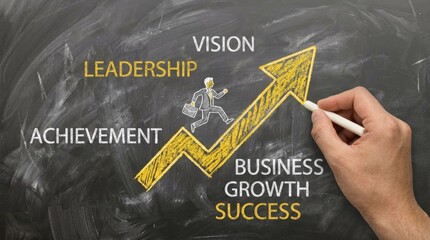 Hand drawing a yellow arrow and business growth keywords on a chalkboard success upward