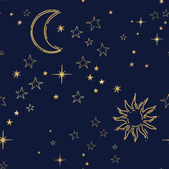 Hand drawn seamless pattern with golden stars, the sun and the moon on the dark blue night sky. Seamless Textile Design For Printing. Vector illustration.