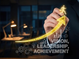 Hand drawing upward growth arrow and business concepts on a blurred office background success