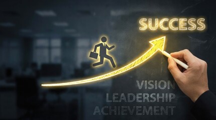 Hand drawing success arrow and business concepts on a dark office blackboard growth upward