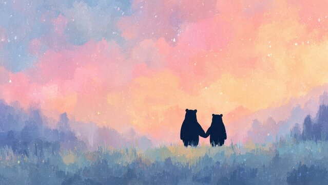 夕暮れの草原に立つ二匹のクマ 水彩イラスト